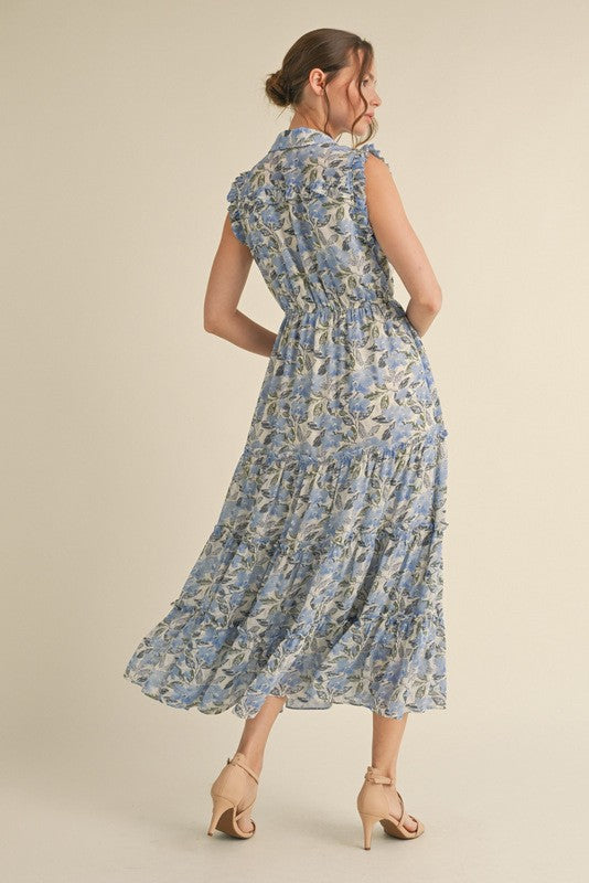 Novah Floral Print Collared Midi Dress, Blue
