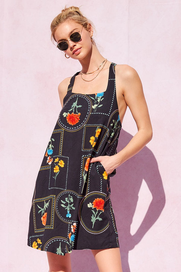 Myra Printed Tie Strap Shift Dress, Black