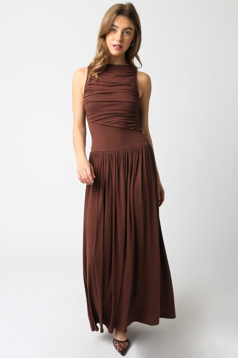 Daphne Boat Neck Ruched Maxi Dress, Brown