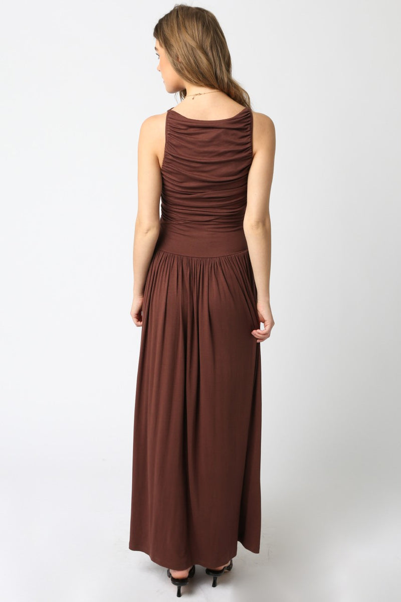 Daphne Boat Neck Ruched Maxi Dress, Brown
