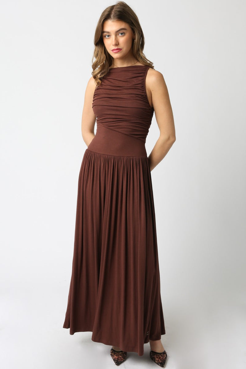 Daphne Boat Neck Ruched Maxi Dress, Brown
