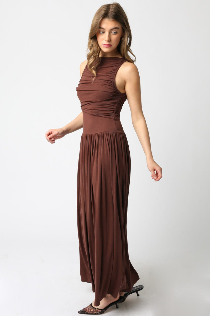 Daphne Boat Neck Ruched Maxi Dress, Brown