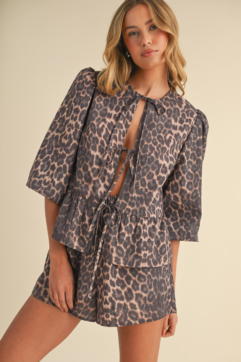Selene Peplum Tie Front Blouse, Leopard