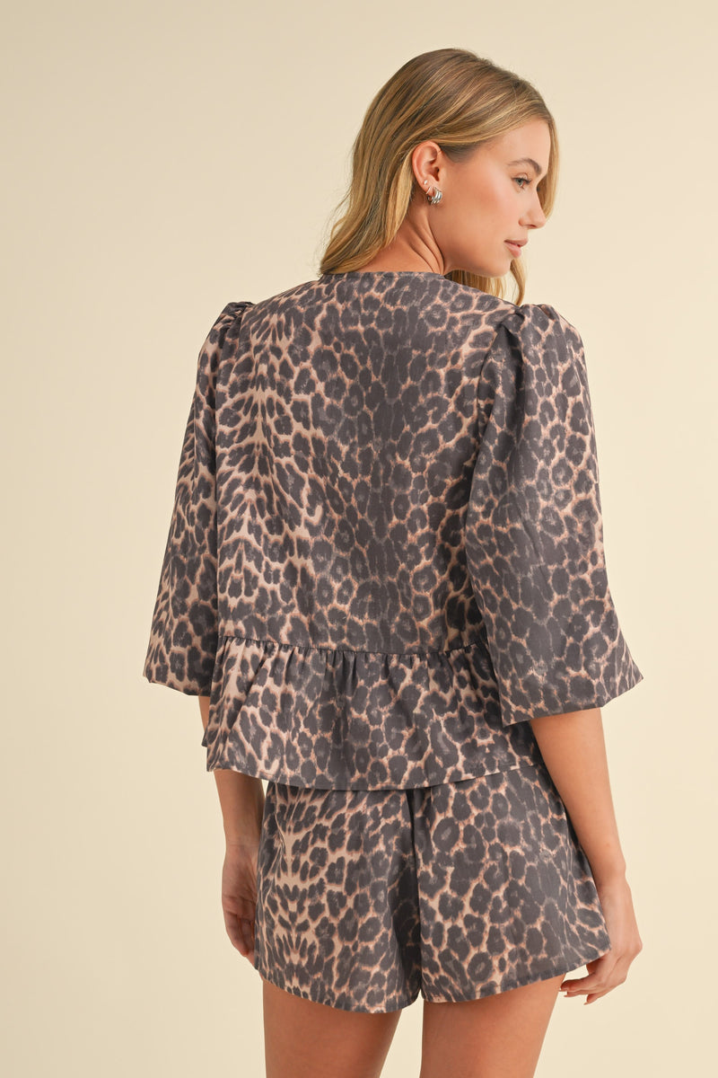 Selene Peplum Tie Front Blouse, Leopard
