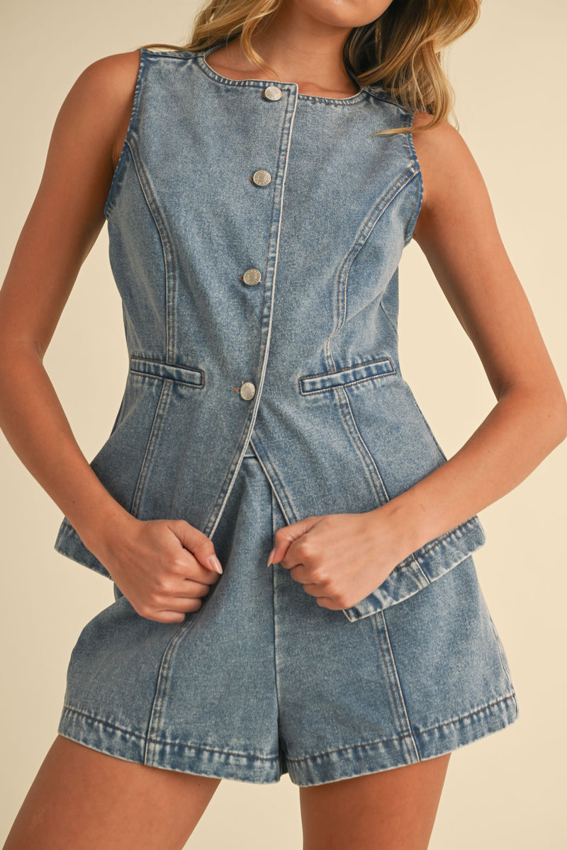 Khaleesi Button Down Denim Vest, Light Denim