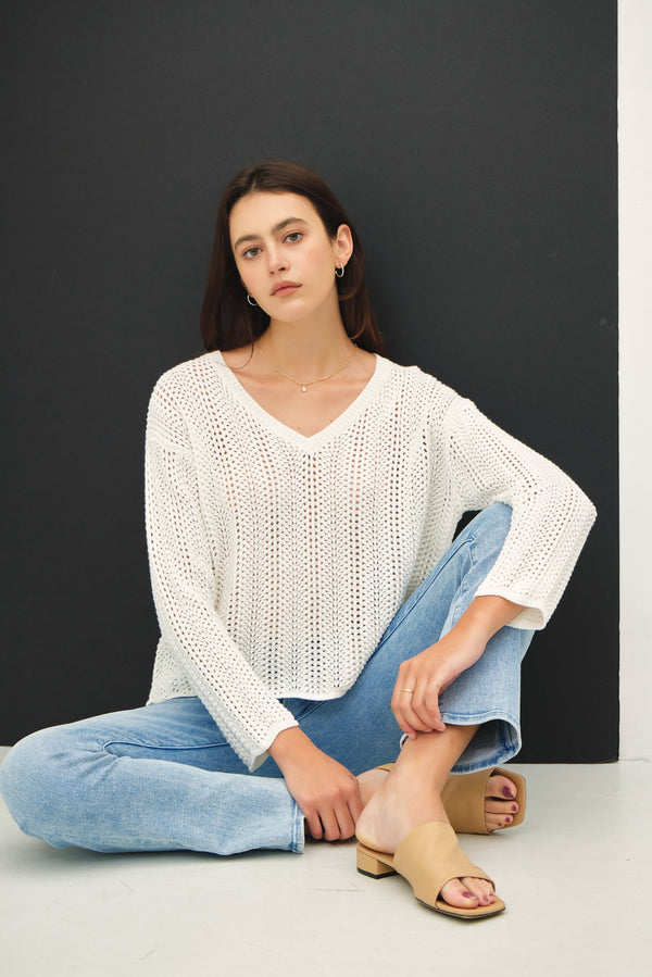 Kate Crochet Knit Boxy Sweater, White