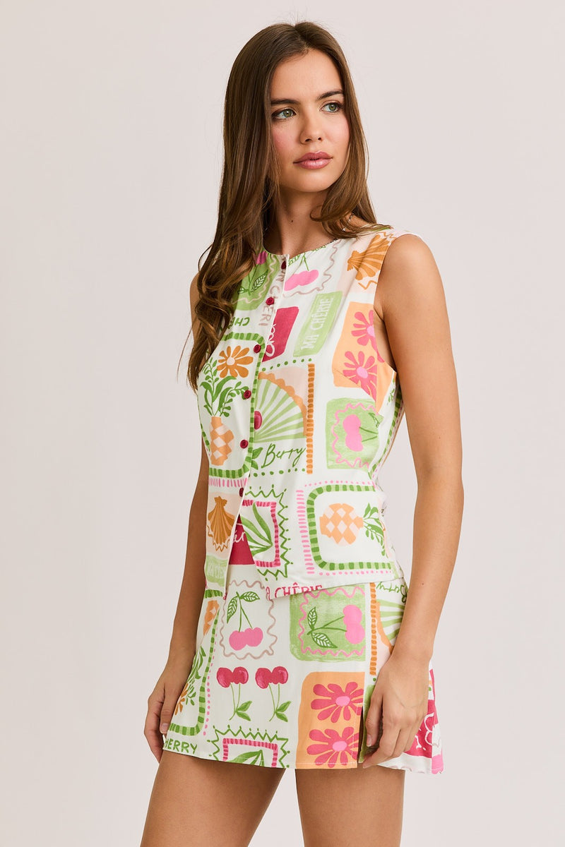 Kinley Printed Mini Skirt, White-Multi