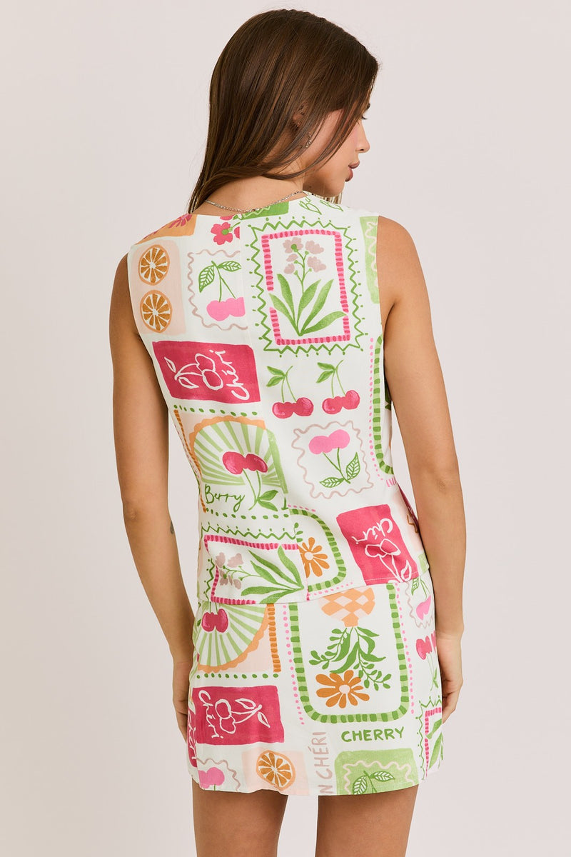 Kinley Printed Button Down Top, White-Multi