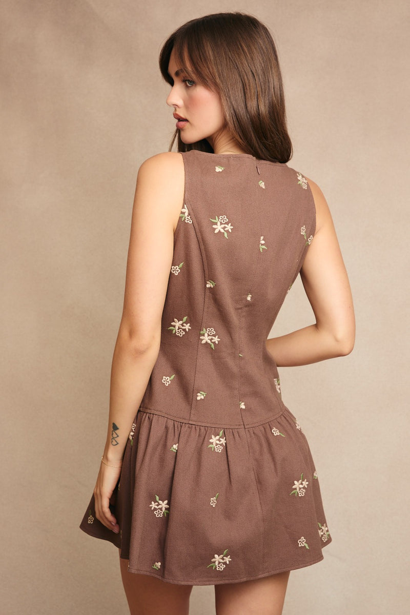Hadley Floral Embroidered Shift Dress, Brown-Beige Floral