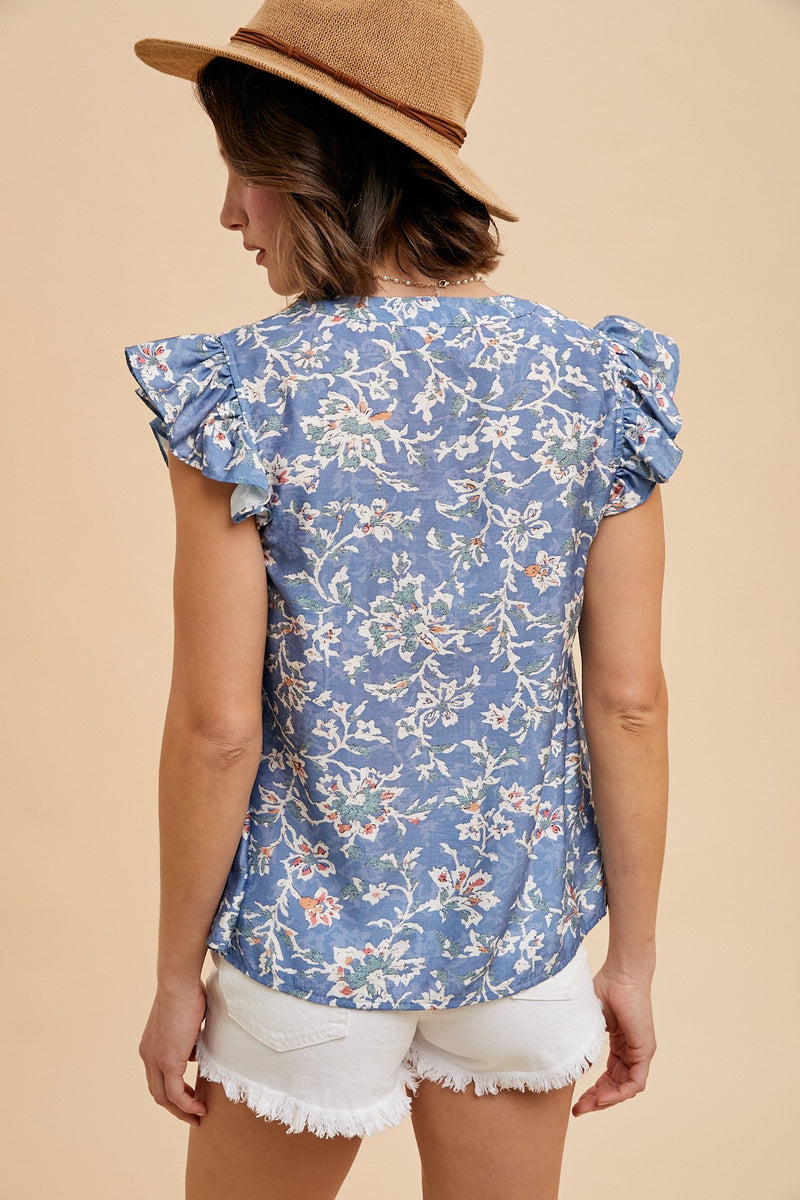 Layla Floral Ruffle Sleeve Blouse, Denim Blue