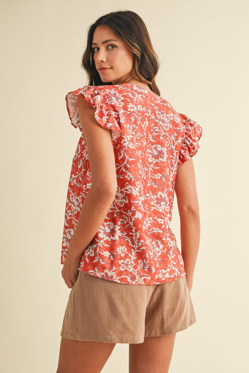 Layla Floral Ruffle Sleeve Blouse, Coral Red