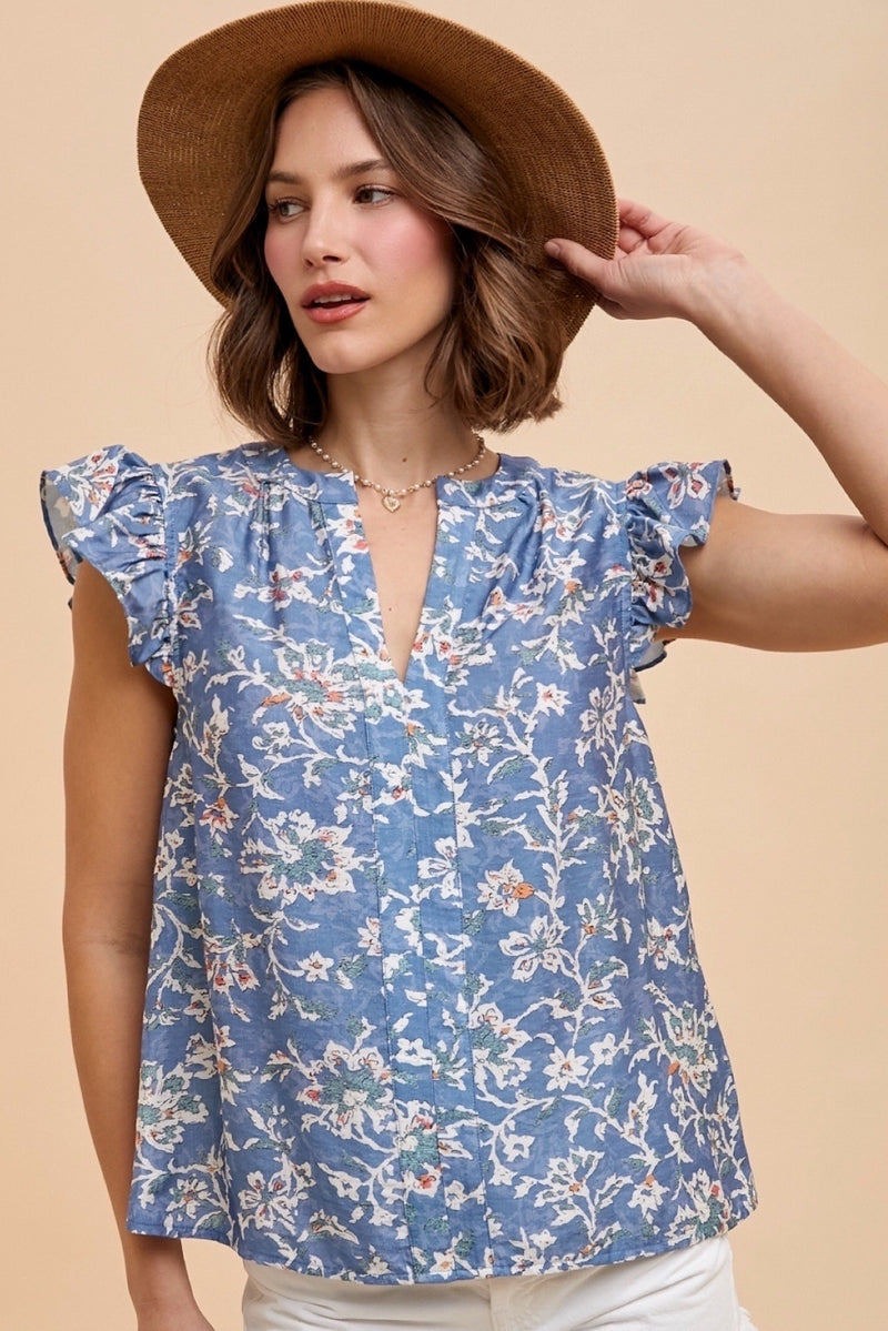 Layla Floral Ruffle Sleeve Blouse, Denim Blue