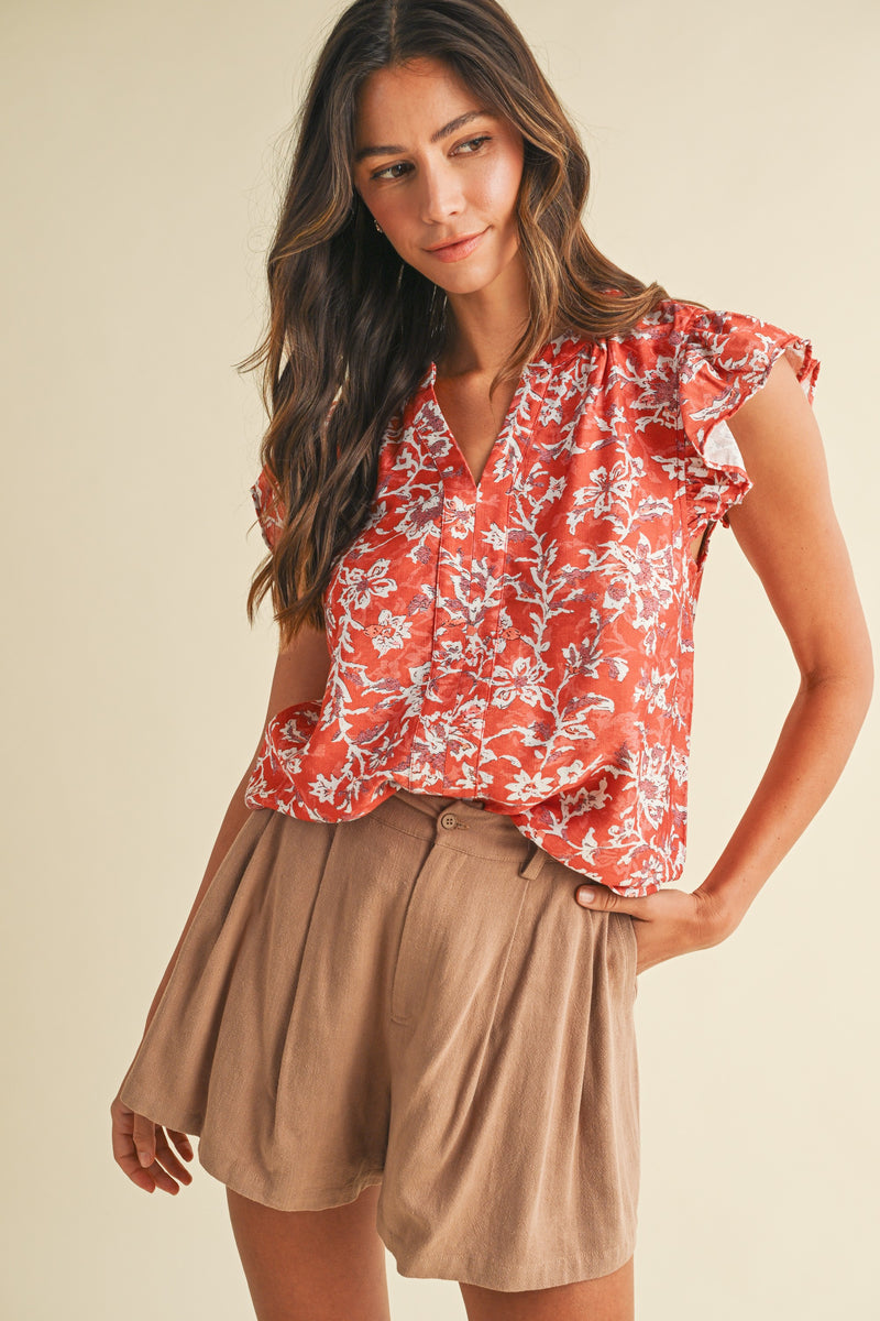 Layla Floral Ruffle Sleeve Blouse, Coral Red