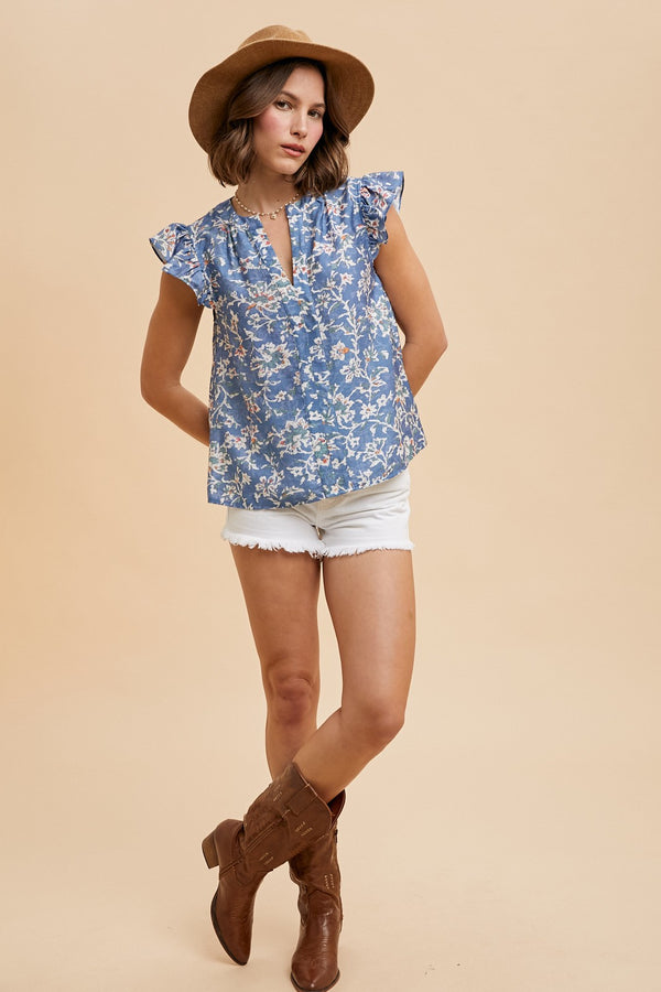 Layla Floral Ruffle Sleeve Blouse, Denim Blue