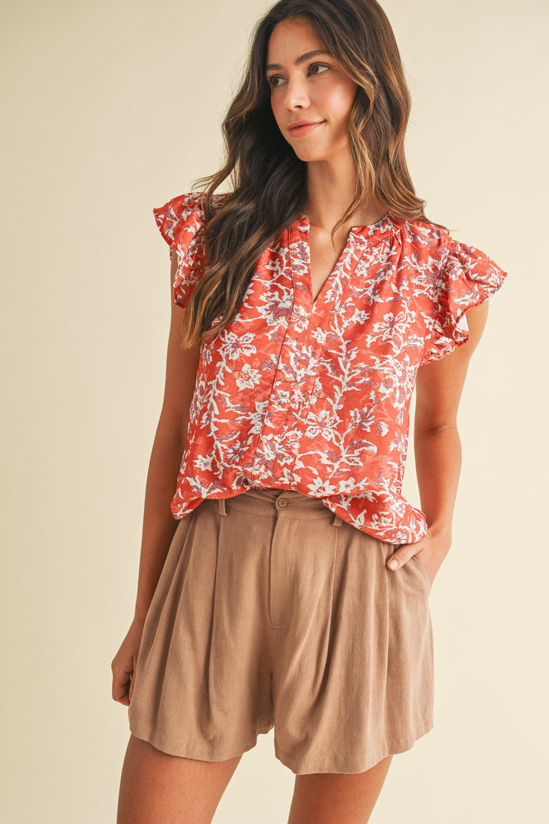Layla Floral Ruffle Sleeve Blouse, Coral Red