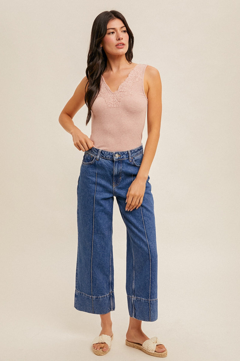 Felicity Lace Trim Ribbed Tank, Dusty Mauve Melange