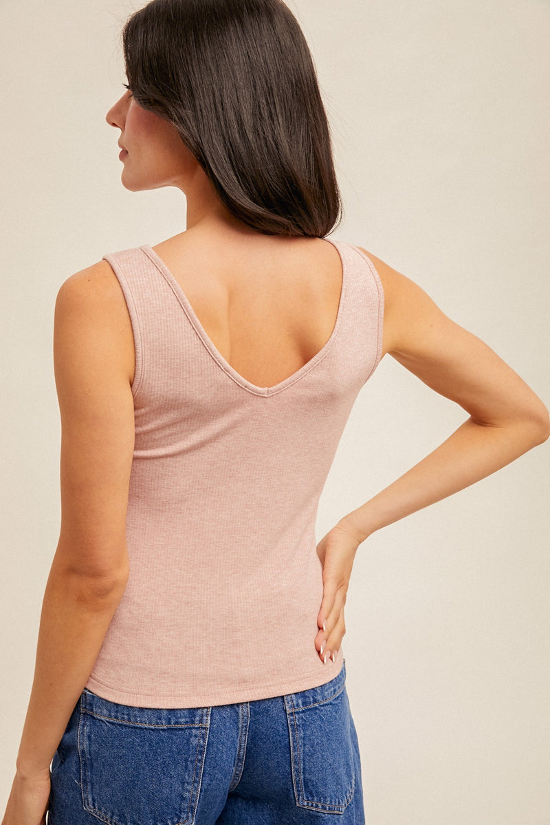 Felicity Lace Trim Ribbed Tank, Dusty Mauve Melange