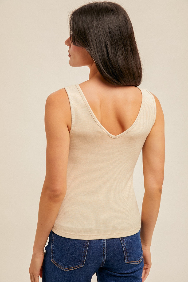 Felicity Lace Trim Ribbed Tank, Taupe Melange