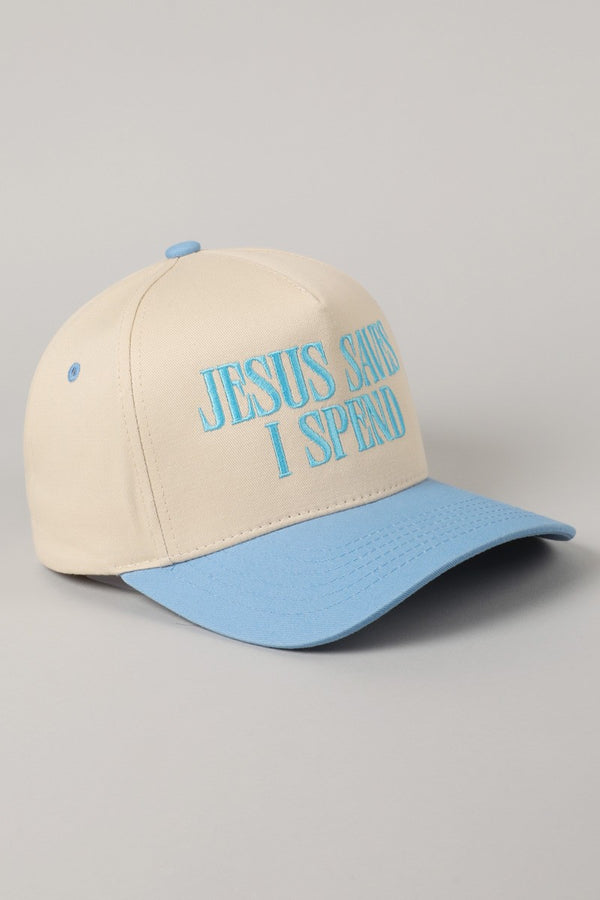 Jesus Saves I Spend Embroidered Trucker Hat, Sky Blue