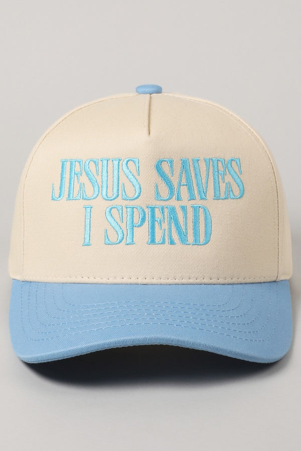 Jesus Saves I Spend Embroidered Trucker Hat, Sky Blue