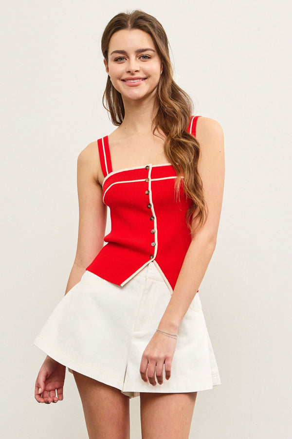 Cleo Button Front Sweater Top, Flame Red