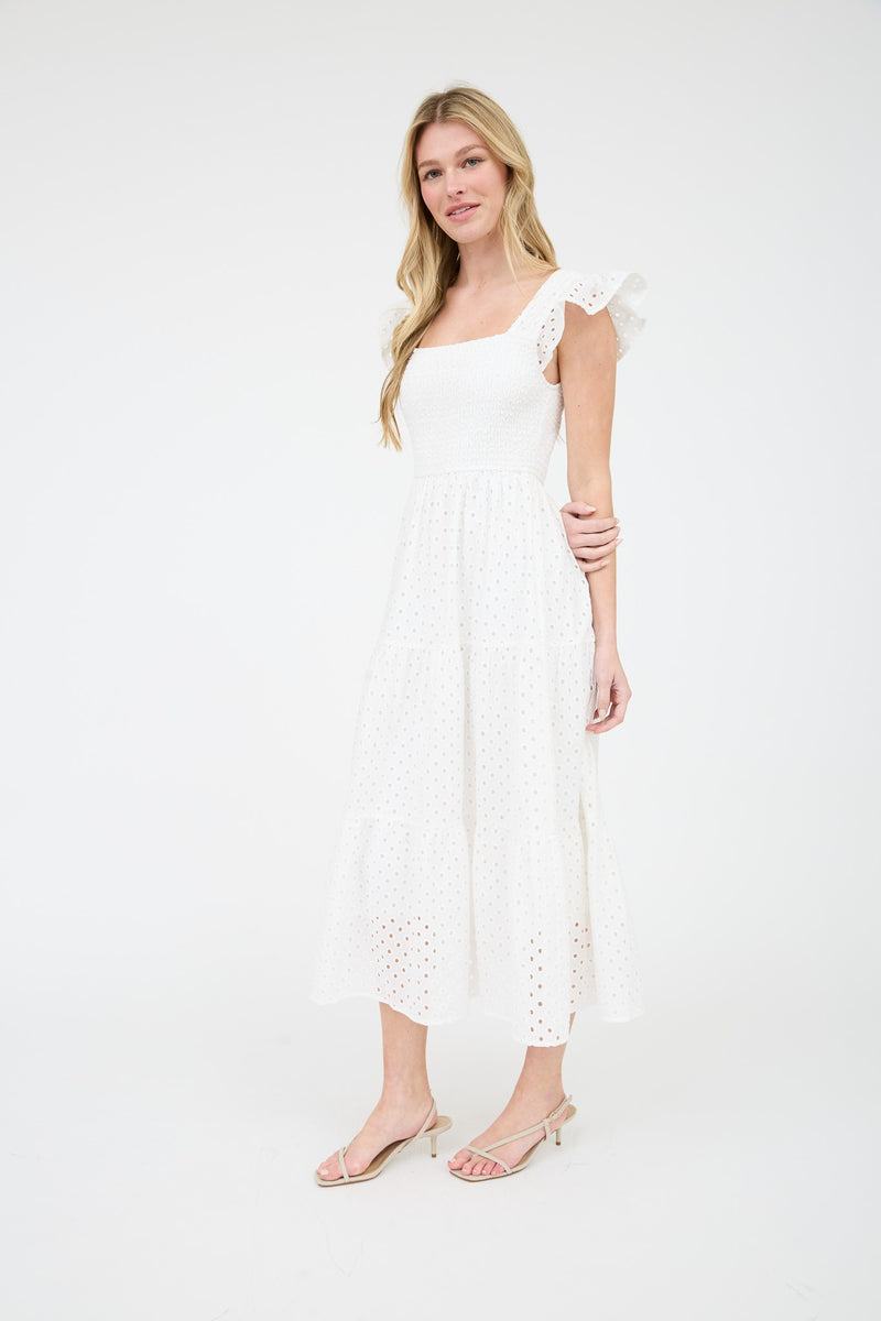 Emmy Eyelet Tiered Midi Dress, White