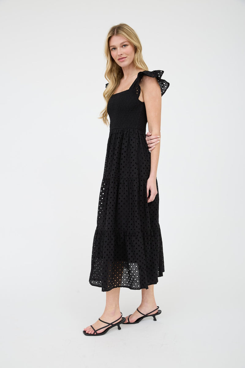 Emmy Eyelet Tiered Midi Dress, Black