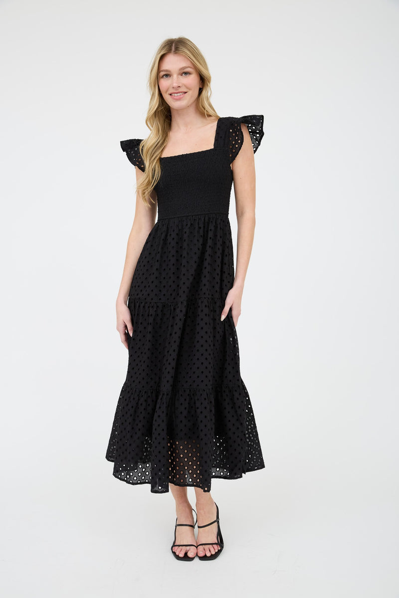 Emmy Eyelet Tiered Midi Dress, Black