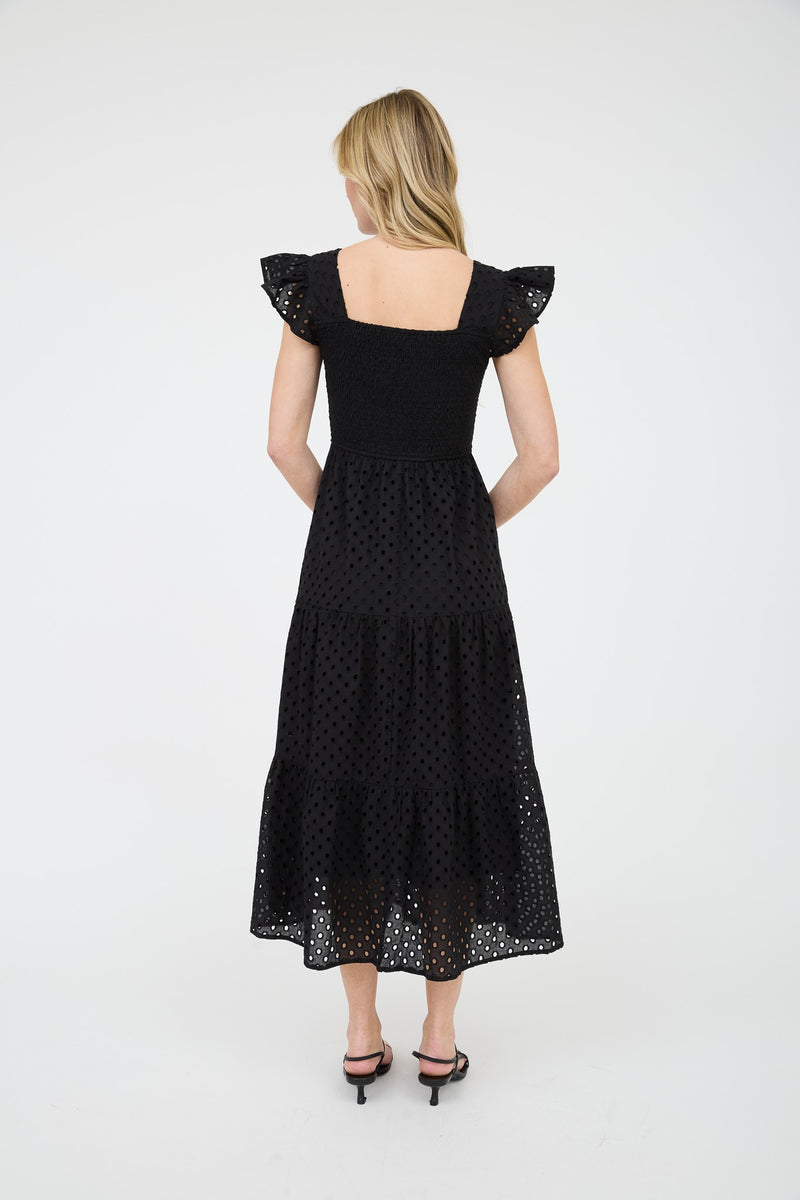 Emmy Eyelet Tiered Midi Dress, Black