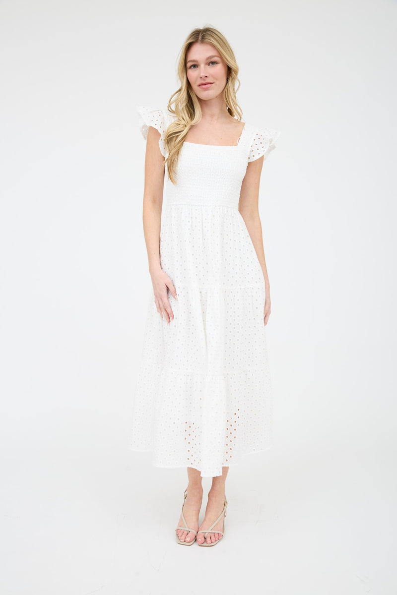 Emmy Eyelet Tiered Midi Dress, White
