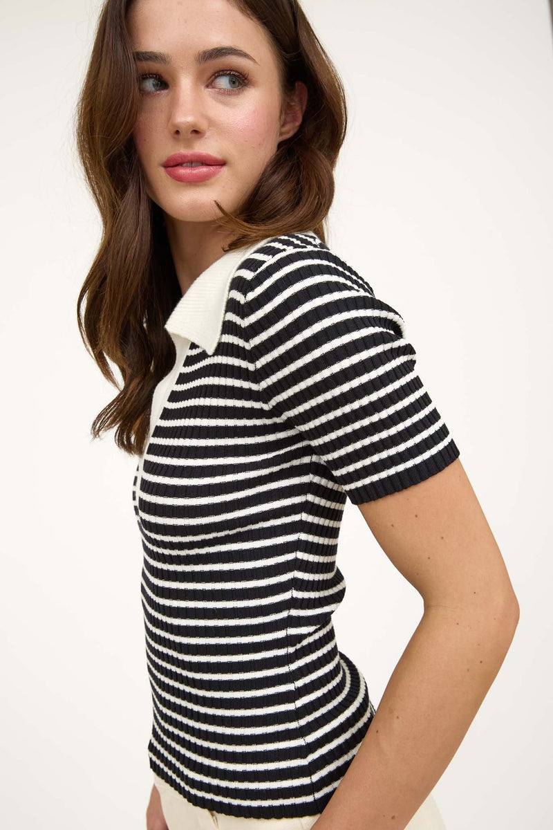 Anne Striped Split Neck Sweater Top, Black
