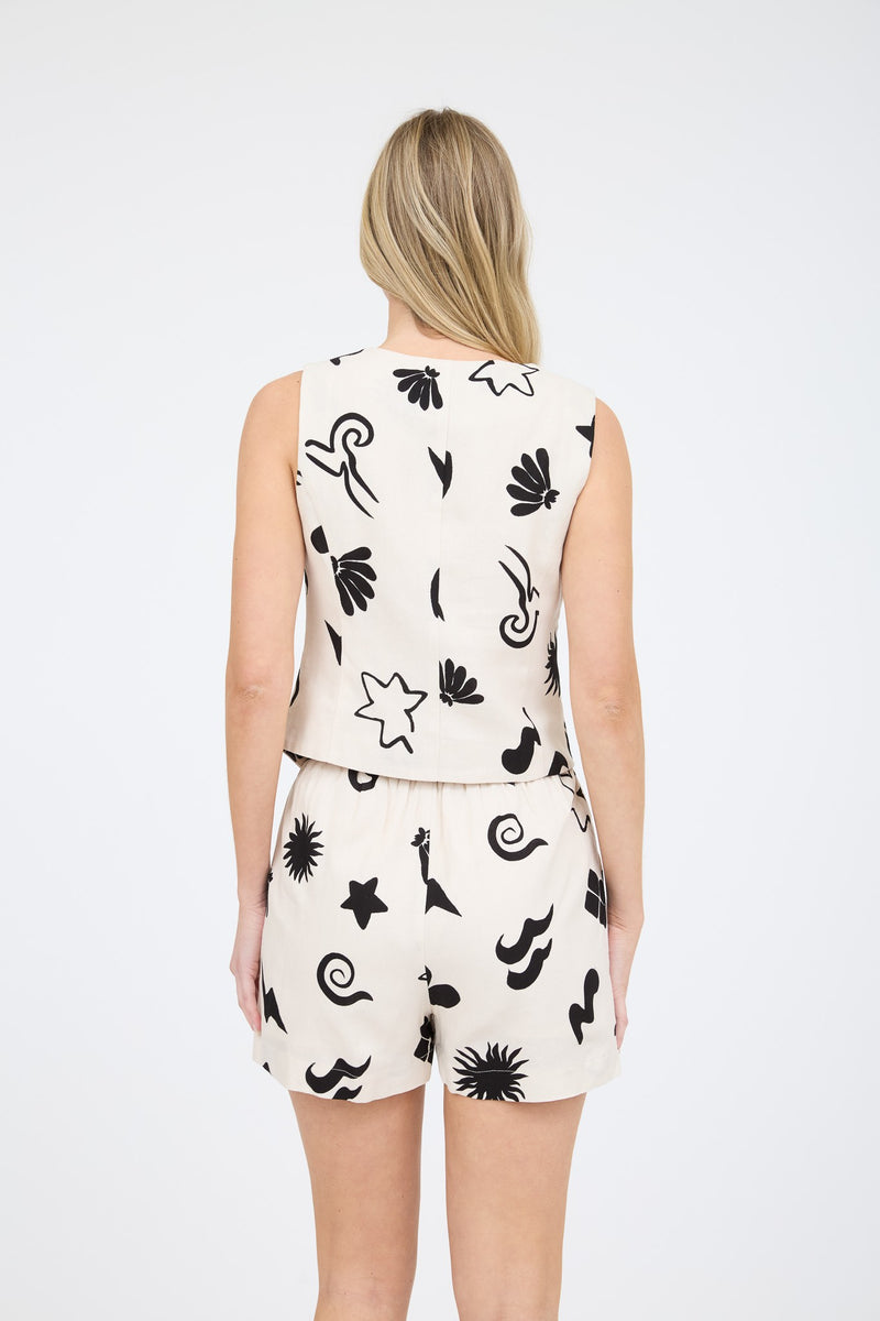 Erin Doodle Print Linen Shorts, Cream