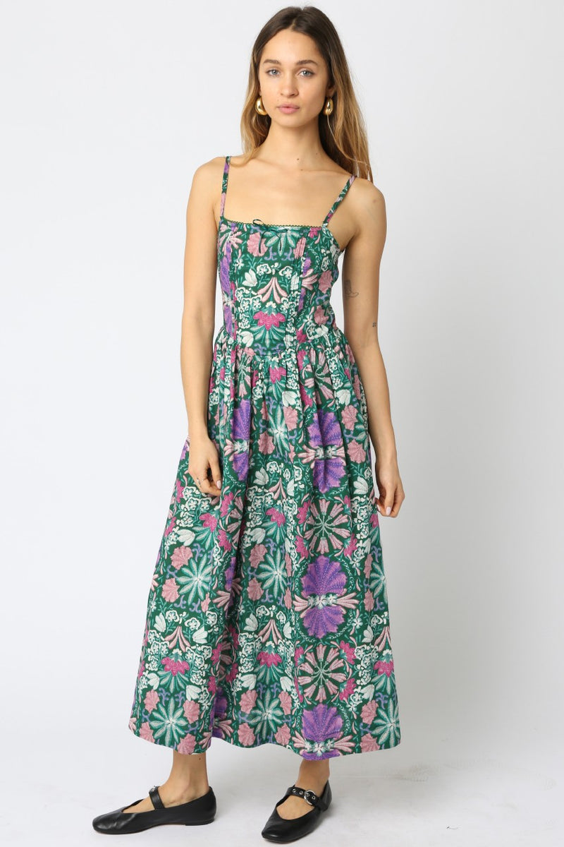 Alma Corset Style Maxi Dress, Green Multi