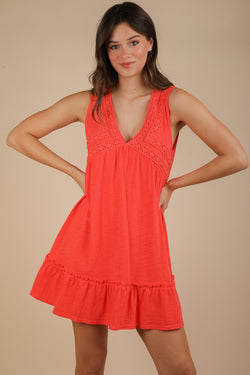 Calista Trim Detail V-Neck Mini Dress, Coral