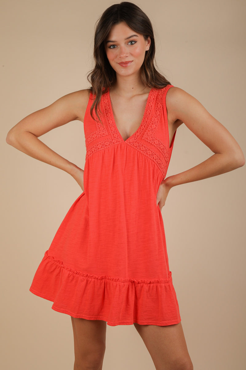 Calista Trim Detail V-Neck Mini Dress, Coral