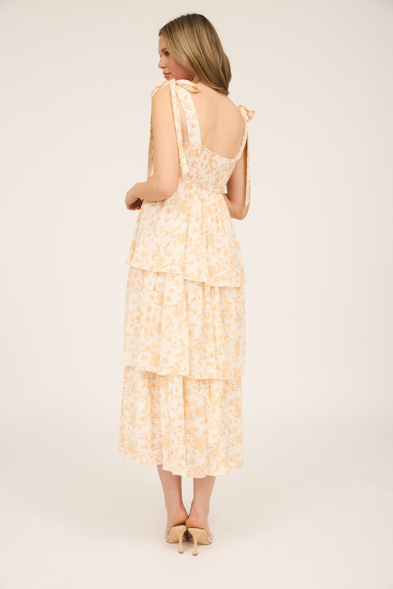 Flora Tie Strap Ruffled Midi Dress, Apricot Multi