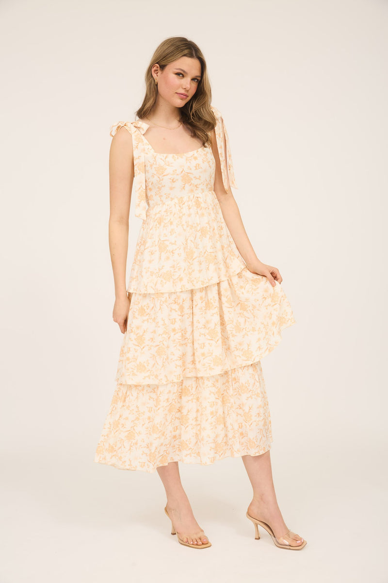 Flora Tie Strap Ruffled Midi Dress, Apricot Multi
