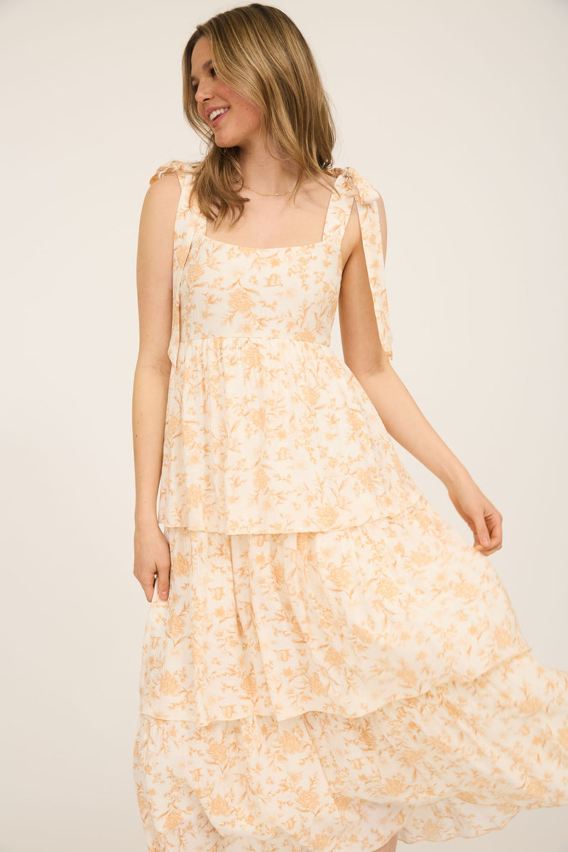 Flora Tie Strap Ruffled Midi Dress, Apricot Multi
