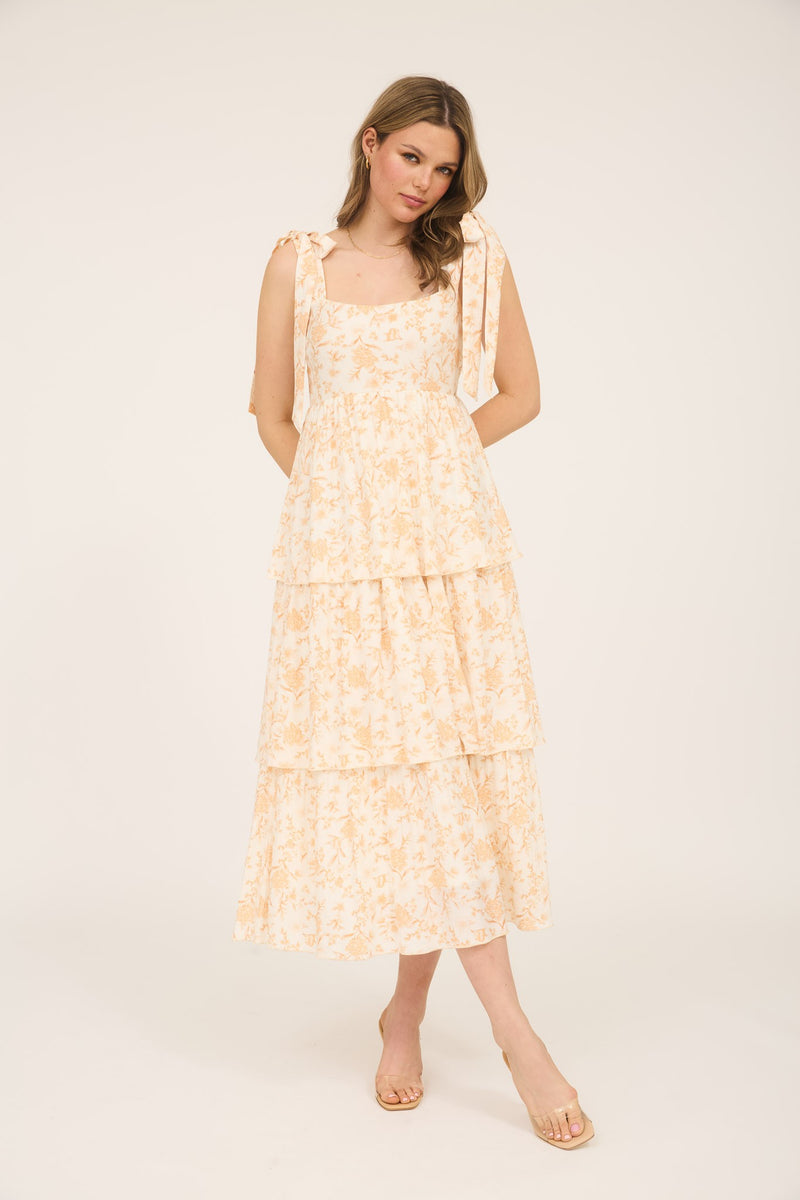 Flora Tie Strap Ruffled Midi Dress, Apricot Multi