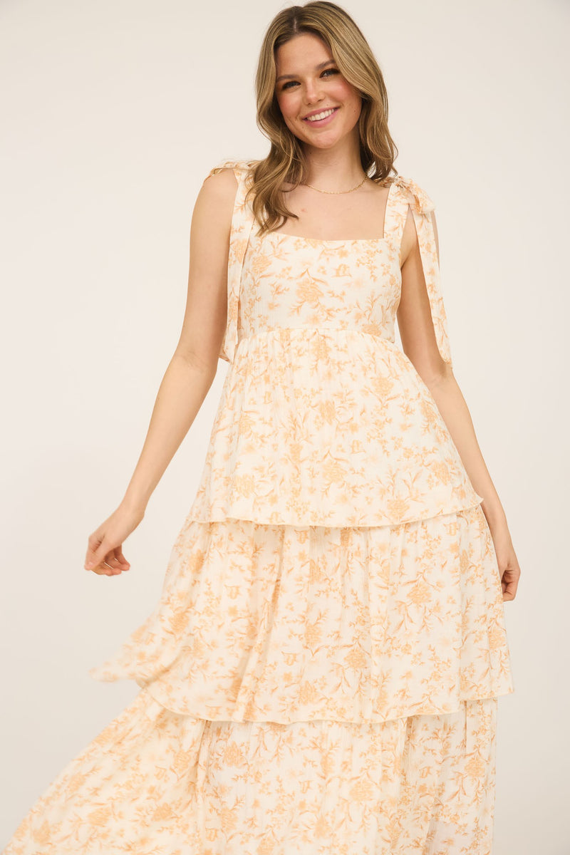 Flora Tie Strap Ruffled Midi Dress, Apricot Multi