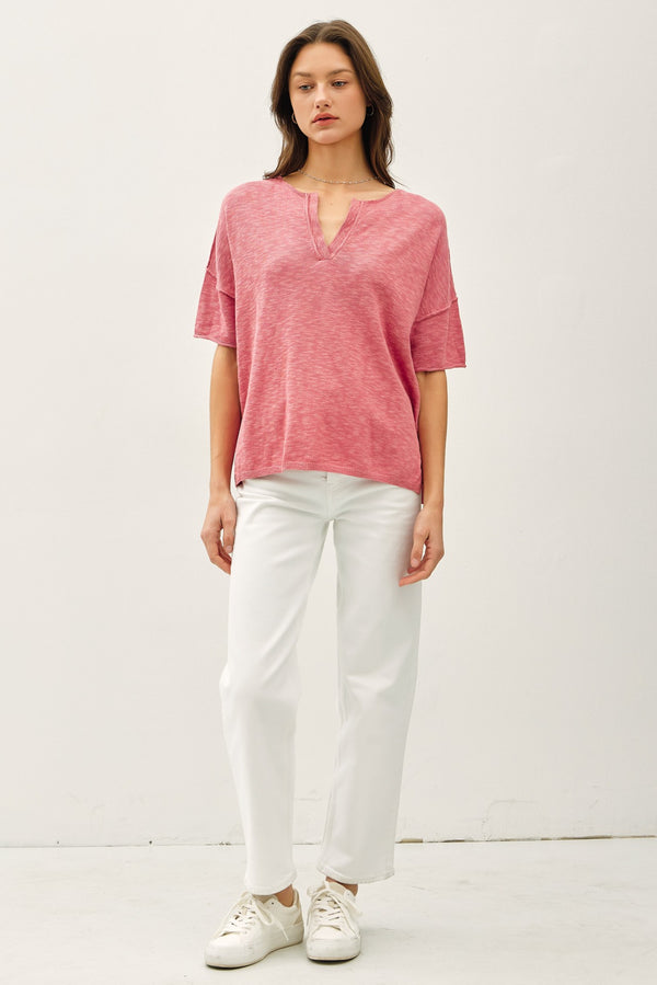 Cameron Cotton Slub Henley Tee, Dusty Coral