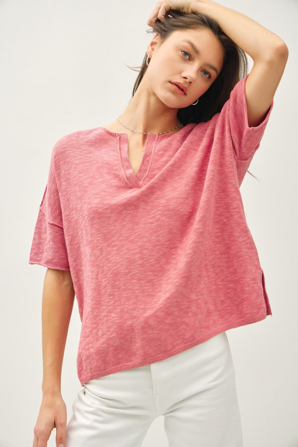 Cameron Cotton Slub Henley Tee, Dusty Coral
