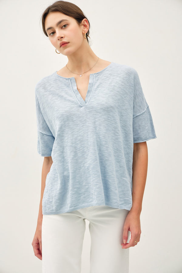 Cameron Cotton Slub Henley Tee, Vintage Blue