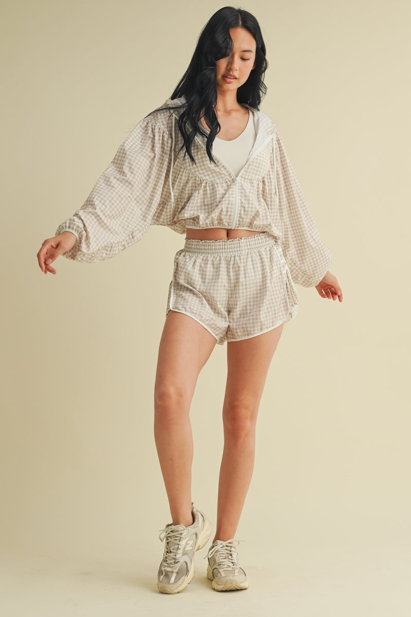 Avianna Gingham Print Active Shorts, Beige Gingham