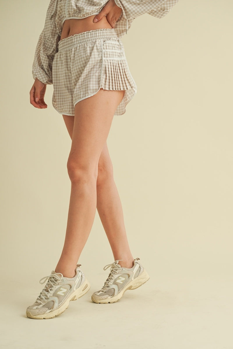 Avianna Gingham Print Active Shorts, Beige Gingham