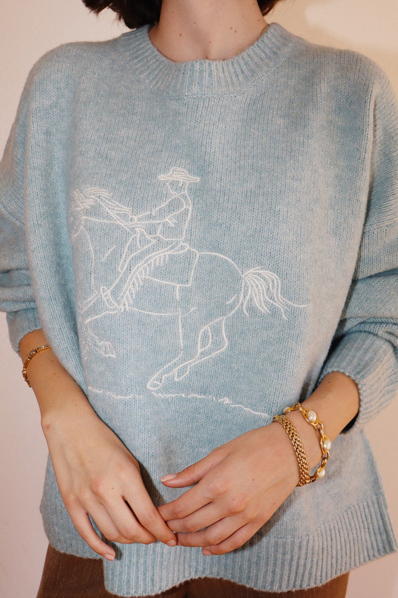 Raina Cowboy Knit Sweater, Sky Blue