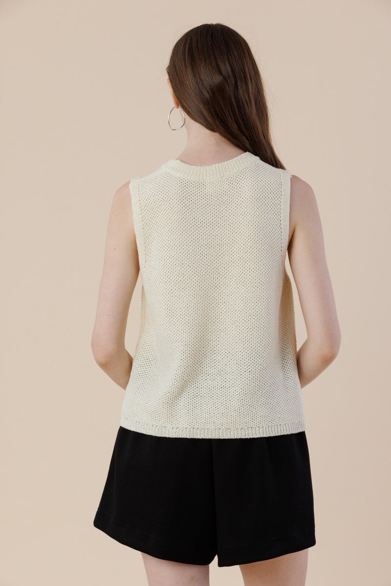 Joelle Bow Embroidered Sweater Tank, Off White