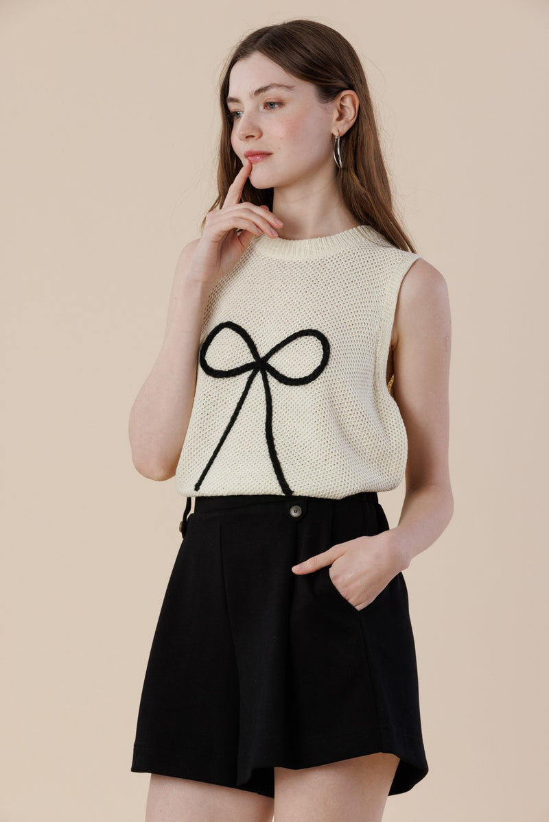 Joelle Bow Embroidered Sweater Tank, Off White