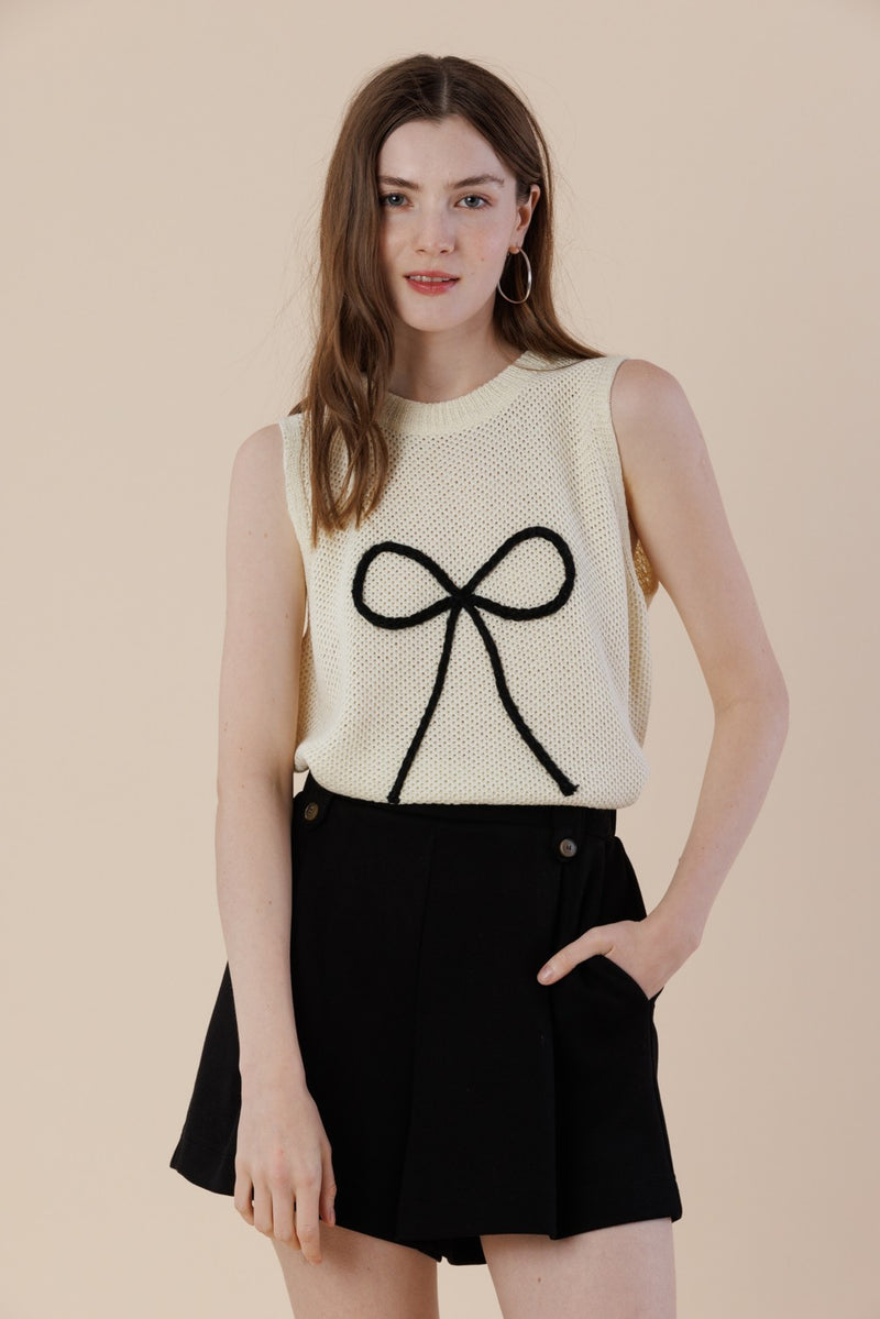 Joelle Bow Embroidered Sweater Tank, Off White