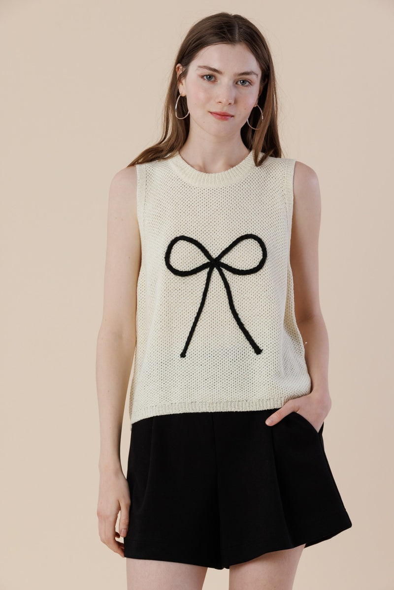 Joelle Bow Embroidered Sweater Tank, Off White